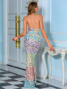 Sequin Backless Halter Neck Fishtail Dress Evening Gown LoveAdora