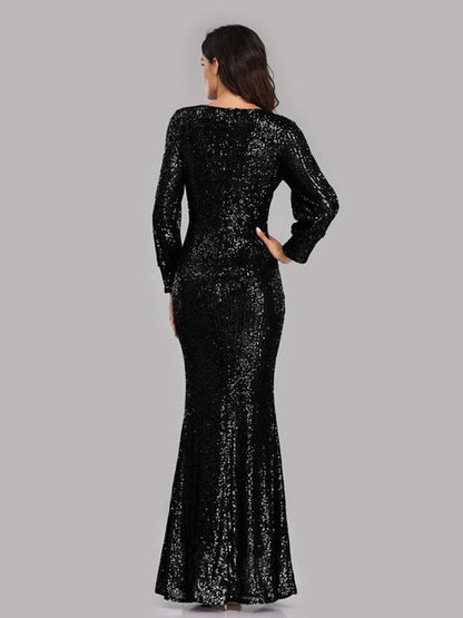 Sequin Puff Sleeve Plunge Fishtail Dress Evening Gown LoveAdora