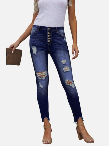 Button Front Frayed Ankle Skinny Jeans Denim Jeans LoveAdora