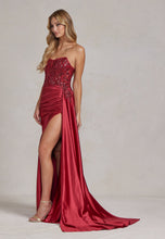 Load image into Gallery viewer, Satin Skirt Side Slit Embroidered Bodice Strapless Long Evening Dress NXE1174-2