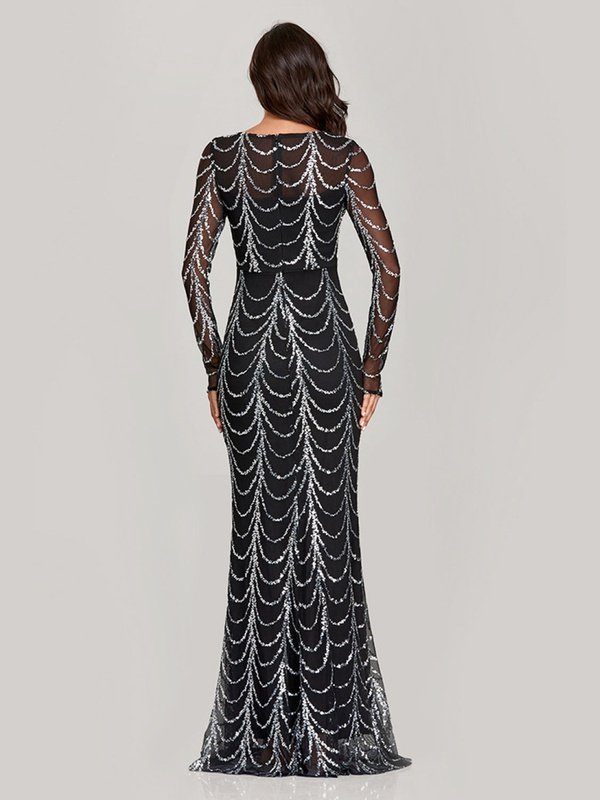 Sequin Round Neck Long Sleeve Fishtail Dress Evening Gown LoveAdora