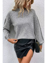 Load image into Gallery viewer, Pearl Dropped Shoulder Ribbed Trim Sweater Sweaters, Pullovers, Jumpers, Turtlenecks, Boleros, Shrugs LoveAdora