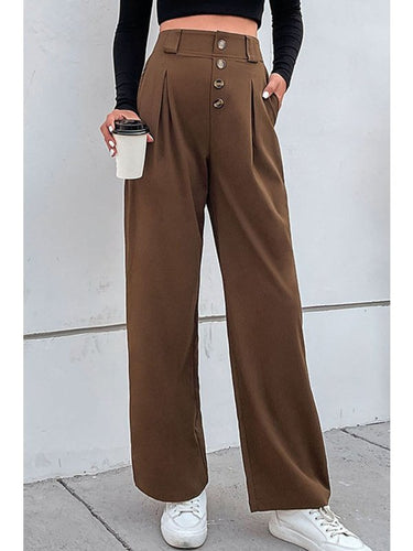 Button-Fly Pleated Waist Wide Leg Pants with Pockets Pants LoveAdora