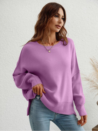 Exposed Seam Dropped Shoulder Slit Sweater Sweaters, Pullovers, Jumpers, Turtlenecks, Boleros, Shrugs LoveAdora