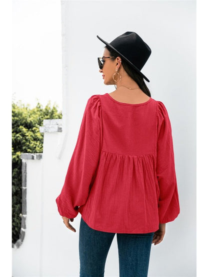 Button Up Balloon Sleeve Blouse Tops LoveAdora