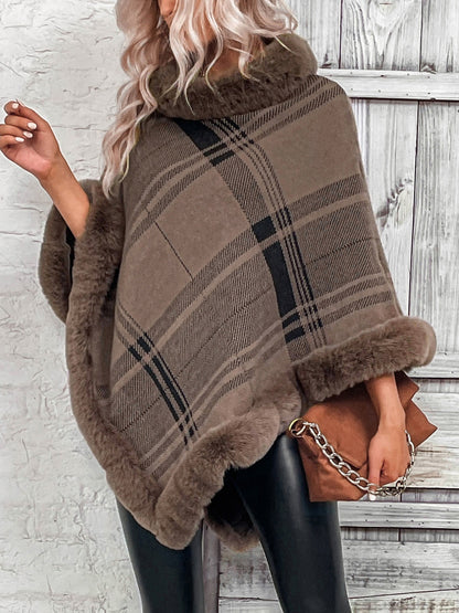 Plaid Faux Fur Trim Poncho Ponchos LoveAdora