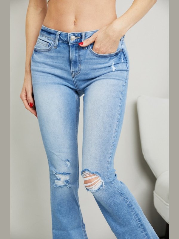 Zenana Distressed Flare Jeans Denim Jeans LoveAdora