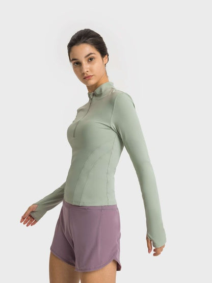 Half Zip Thumbhole Sleeve Sports Top Activewear LoveAdora