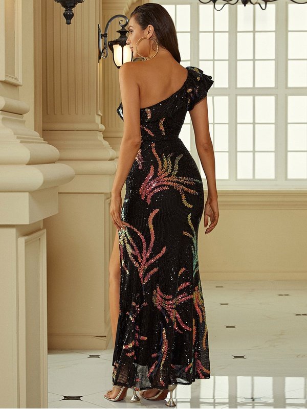 Multicolored Sequin One-Shoulder Split Dress