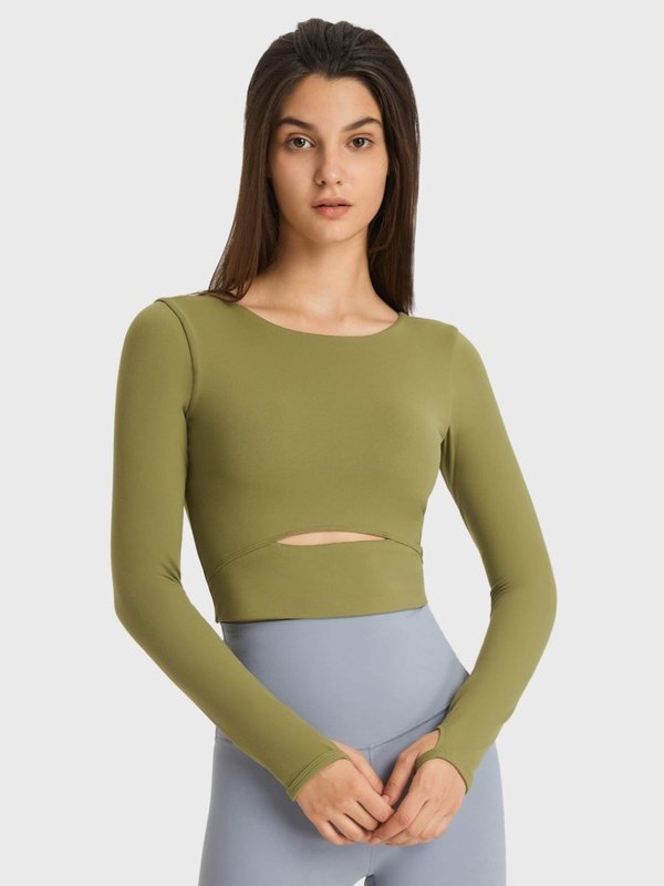 Cutout Long Sleeve Cropped Sports Top Activewear LoveAdora