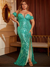Load image into Gallery viewer, Plus Size Sequin Lace-Up Split Off-Shoulder Dress Evening Gown LoveAdora