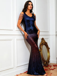 Contrast Sequin Cold-Shoulder Fishtail Dress Evening Gown LoveAdora