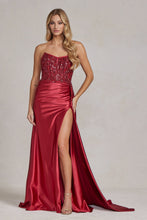 Load image into Gallery viewer, Satin Skirt Side Slit Embroidered Bodice Strapless Long Evening Dress NXE1174-3