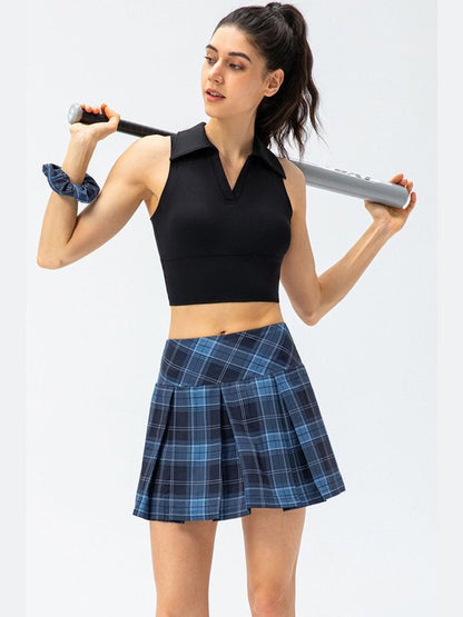 Plaid Pleated Athletic Skort with Pockets Activewear LoveAdora