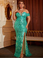 Plus Size Sequin Lace-Up Split Off-Shoulder Dress Evening Gown LoveAdora