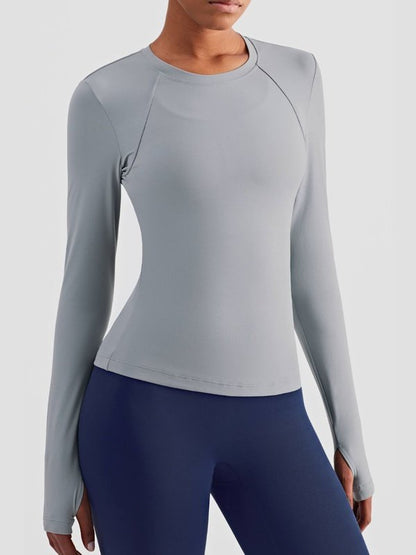 Round Neck Thumbhole Sleeve Sports Top Activewear LoveAdora