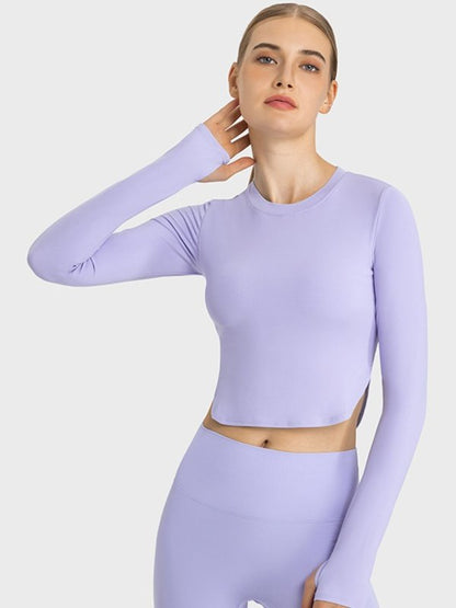 Side Slit Long Sleeve Round Neck Crop Top Activewear LoveAdora