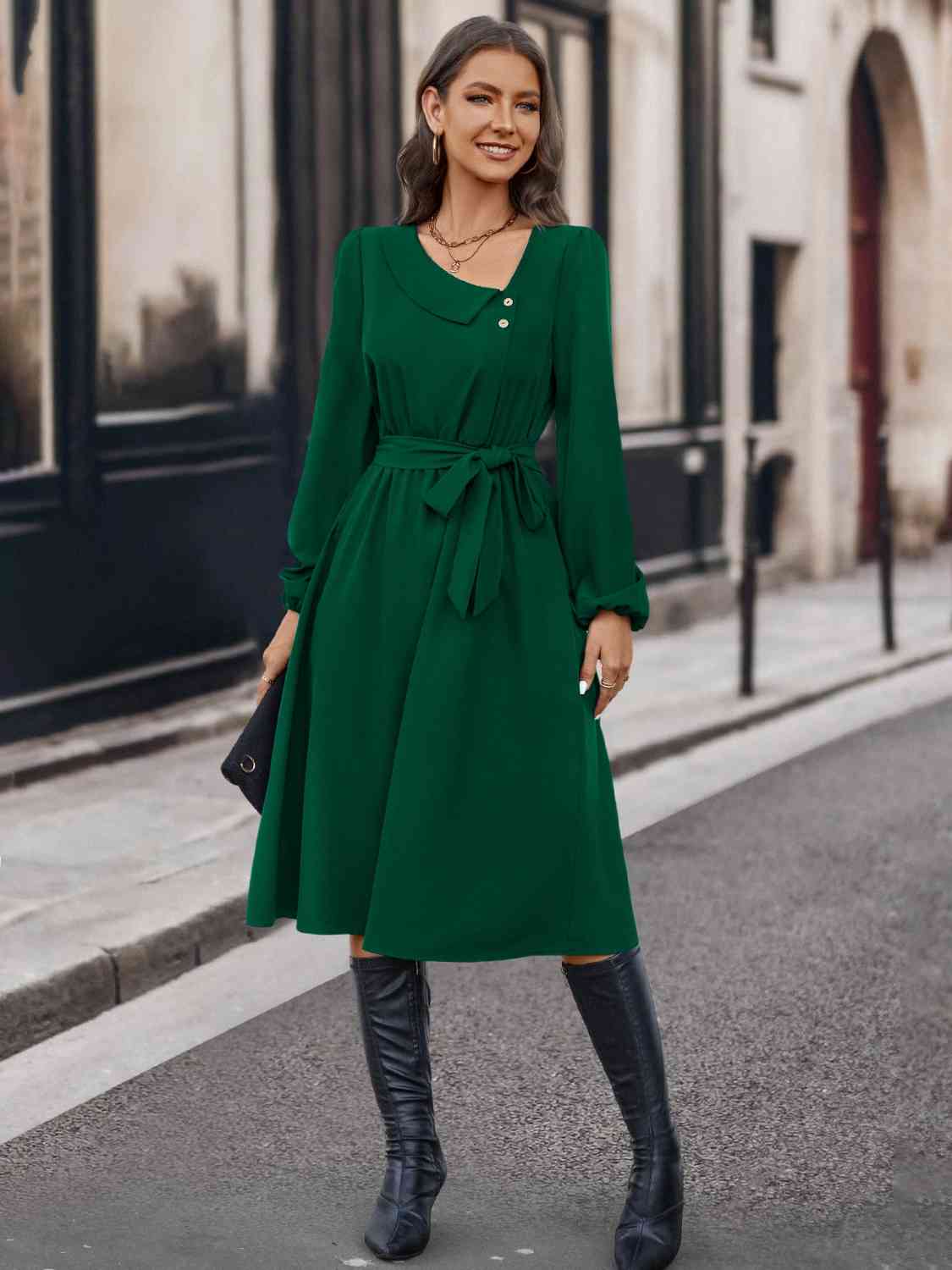 Buttoned Tie Front Long Sleeve Asymmetrical Neck Dress