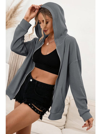 Zip Up Waffle Knit Hoodie Activewear LoveAdora