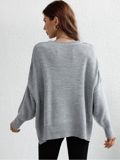 Exposed Seam Dropped Shoulder Slit Sweater Sweaters, Pullovers, Jumpers, Turtlenecks, Boleros, Shrugs LoveAdora