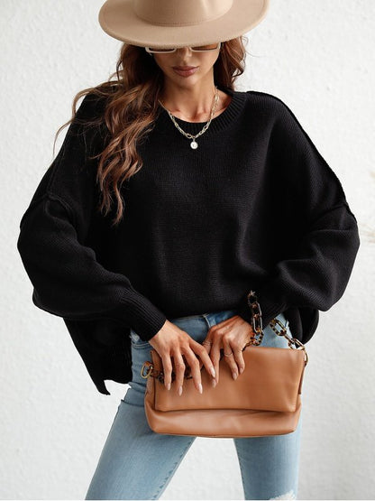 Exposed Seam Dropped Shoulder Slit Sweater Sweaters, Pullovers, Jumpers, Turtlenecks, Boleros, Shrugs LoveAdora