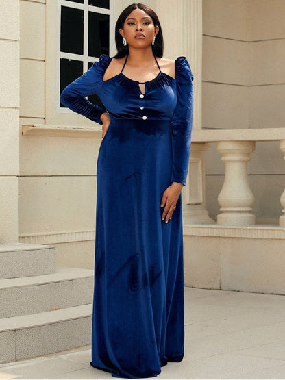 Plus Size Halter Neck Puff Sleeve Velvet Dress Evening Gown LoveAdora