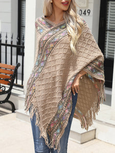 Contrast V-Neck Poncho with Fringes Ponchos LoveAdora
