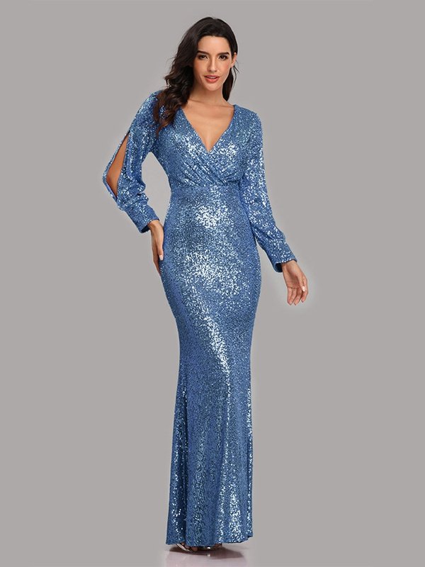 Sequin Puff Sleeve Plunge Fishtail Dress Evening Gown LoveAdora