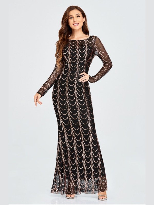 Sequin Round Neck Long Sleeve Fishtail Dress Evening Gown LoveAdora