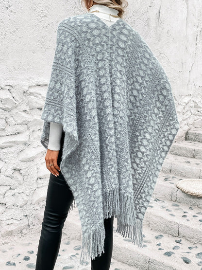 Open Front Fringe Hem Poncho Ponchos LoveAdora