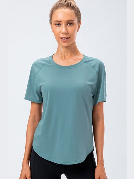 Curved Hem Raglan Sleeve Athletic T-Shirt Activewear LoveAdora