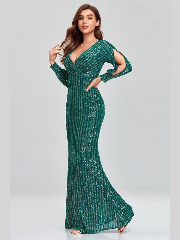 Sequin Puff Sleeve Plunge Fishtail Dress Evening Gown LoveAdora