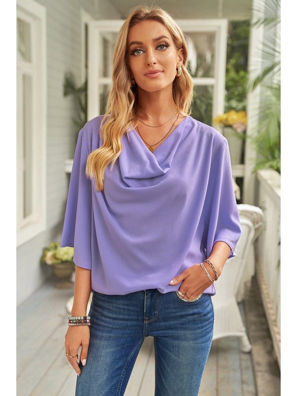 Short Sleeve Draped Blouse Tops LoveAdora