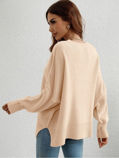 Exposed Seam Dropped Shoulder Slit Sweater Sweaters, Pullovers, Jumpers, Turtlenecks, Boleros, Shrugs LoveAdora