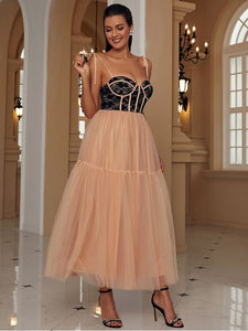 Two-Tone Tie-Shoulder Spliced Tulle Dress Evening Gown LoveAdora