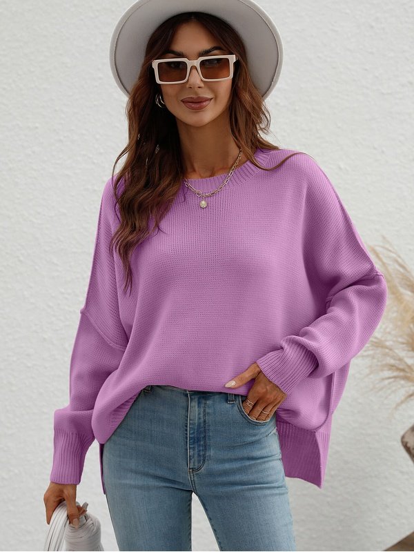 Exposed Seam Dropped Shoulder Slit Sweater Sweaters, Pullovers, Jumpers, Turtlenecks, Boleros, Shrugs LoveAdora