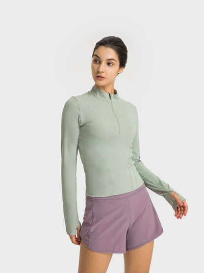 Half Zip Thumbhole Sleeve Sports Top Activewear LoveAdora