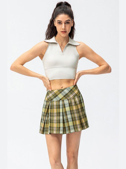 Plaid Pleated Athletic Skort with Pockets Activewear LoveAdora