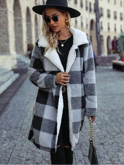 Plaid Lapel Collar Brushed Coat Jackets & Coats LoveAdora