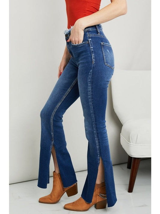 Zenana Frayed Trim Side Slit Jeans