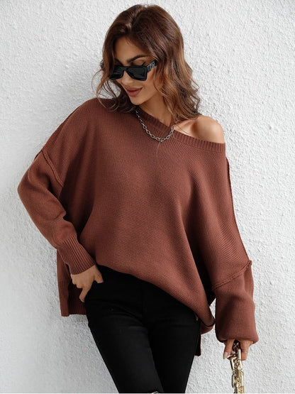 Exposed Seam Dropped Shoulder Slit Sweater Sweaters, Pullovers, Jumpers, Turtlenecks, Boleros, Shrugs LoveAdora