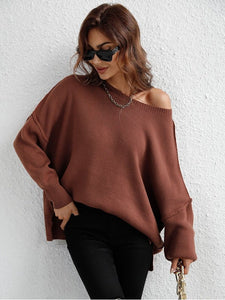 Exposed Seam Dropped Shoulder Slit Sweater Sweaters, Pullovers, Jumpers, Turtlenecks, Boleros, Shrugs LoveAdora