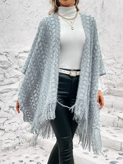 Open Front Fringe Hem Poncho Ponchos LoveAdora