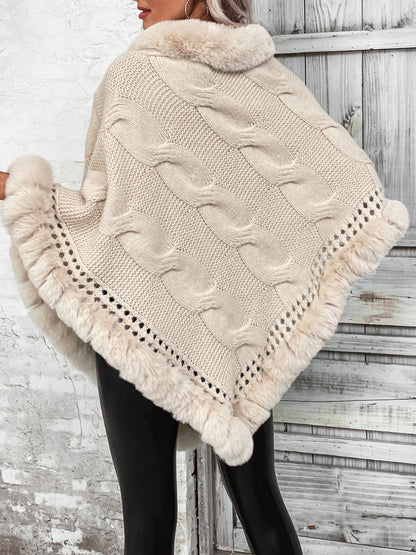 Faux Fur Trim Cable-Knit Poncho Ponchos LoveAdora