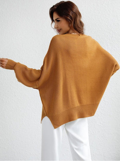 Exposed Seam Dropped Shoulder Slit Sweater Sweaters, Pullovers, Jumpers, Turtlenecks, Boleros, Shrugs LoveAdora