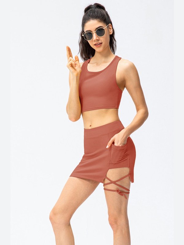 Ribbed Lace-Up Pocketed Sports Skirt