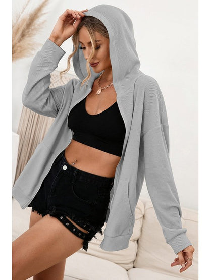 Zip Up Waffle Knit Hoodie Activewear LoveAdora