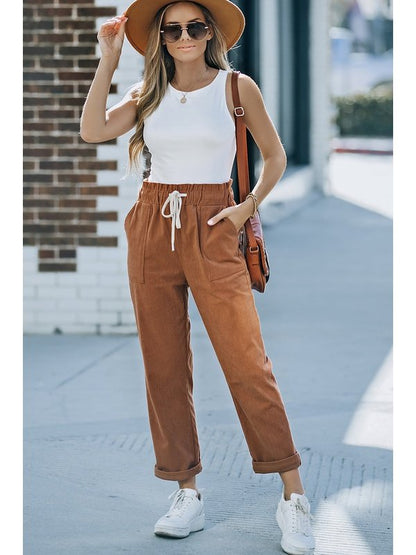 Drawstring Waist Corduroy Pants with Pockets Pants LoveAdora