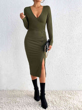 Load image into Gallery viewer, Buttoned Surplice Neck Slit Dress