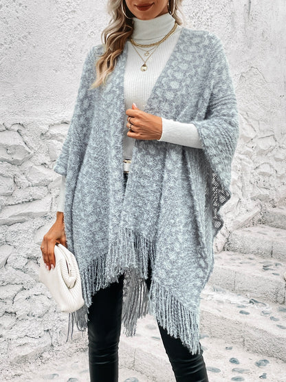 Open Front Fringe Hem Poncho Ponchos LoveAdora